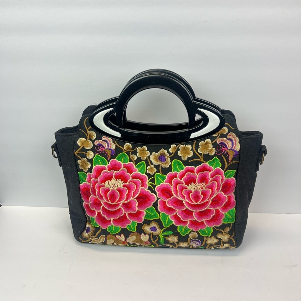 Vintage Floral Embroidered Handbag -Black and Pink (No Shoulder Handles) Handbag